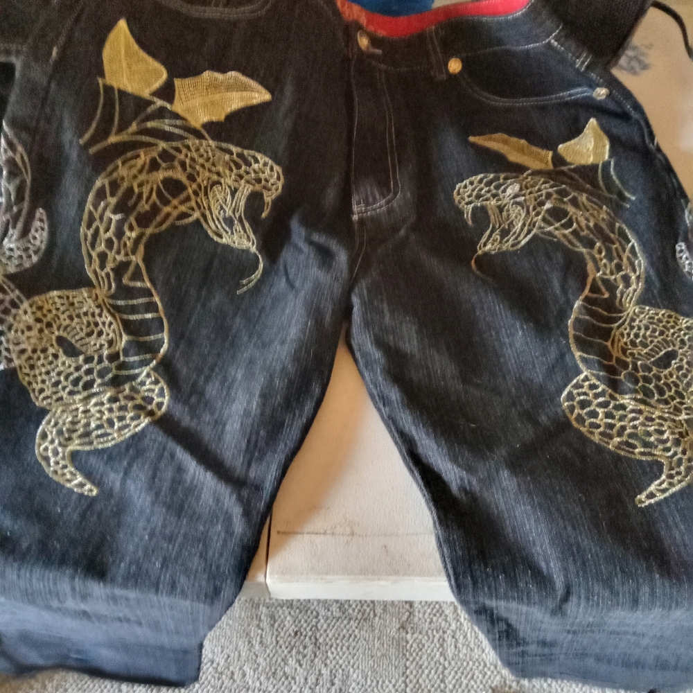Black Jeans with Gold Snake Embroidery